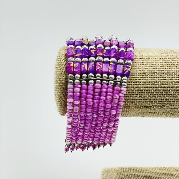 Beaded Cuff Bracelet Silver Tone Pink Purple Memory Wire Boho Festival Party - Picture 6 of 6